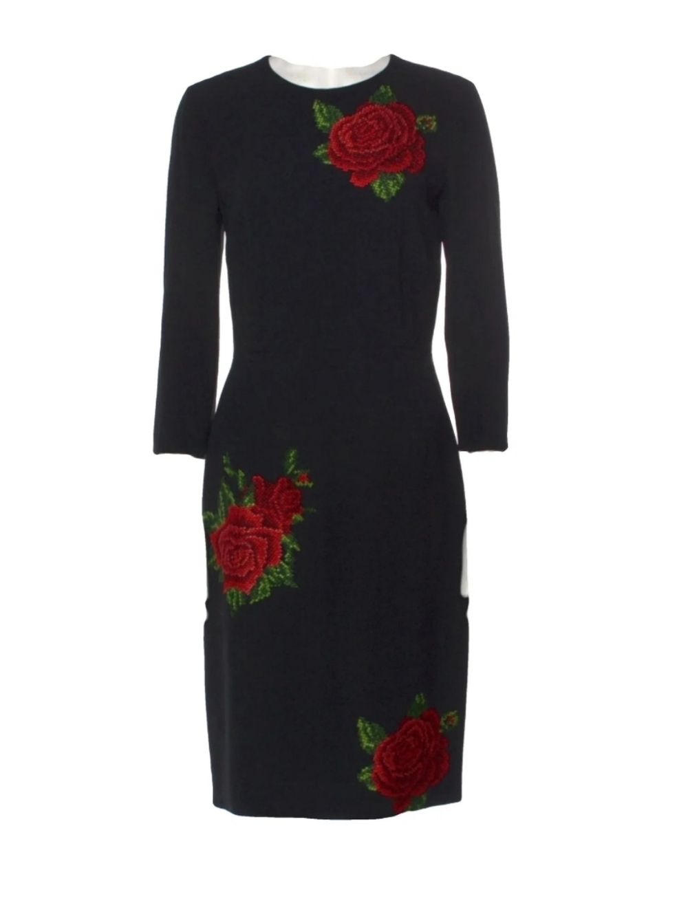 Dolce & Gabbana Black Long-Sleeve Sheath Dress with Red Rose Cross Stitch